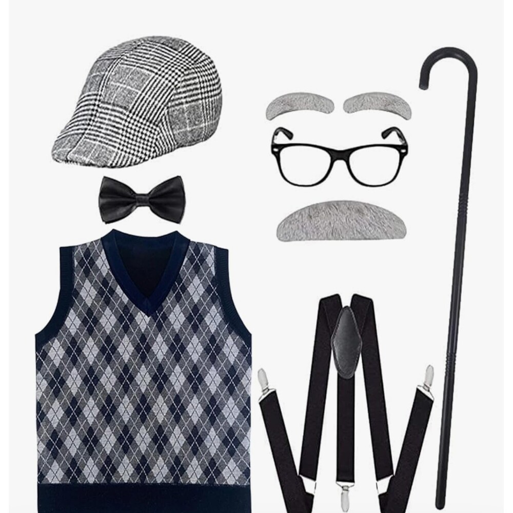 WILLBOND 9 Pieces 100 Days of School Costume for Boys, Old Man Costume for Kids